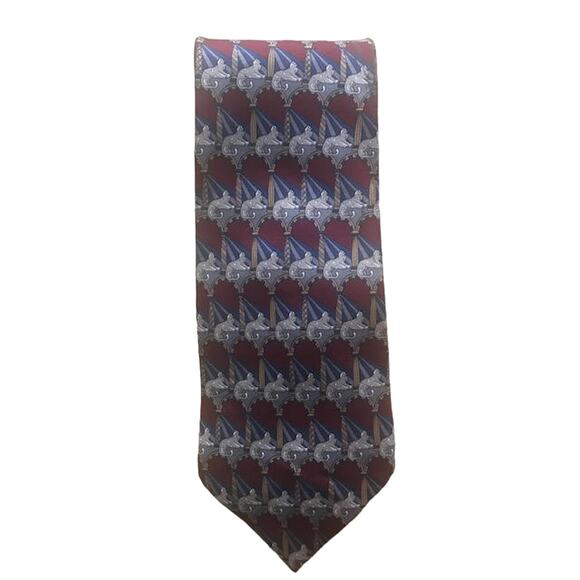 Vintage Wide Geoffrey Beene Silk Maroon Lion Sphinx Print Tie, All Silk Necktie - Picture 2 of 6